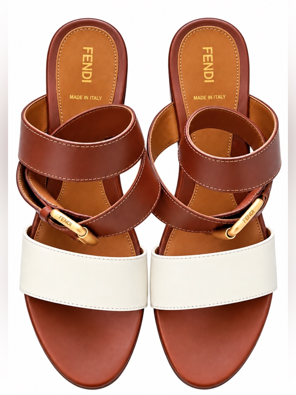Fendi Brown and White Leather Slide Sandals with Gold Hardware